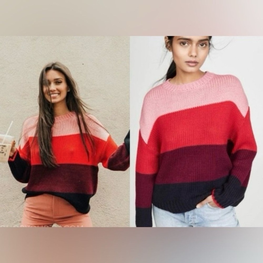 Sundry Scarlett Multi Stripe Red Color Block Wool Blend Crew Slouch Sweater S